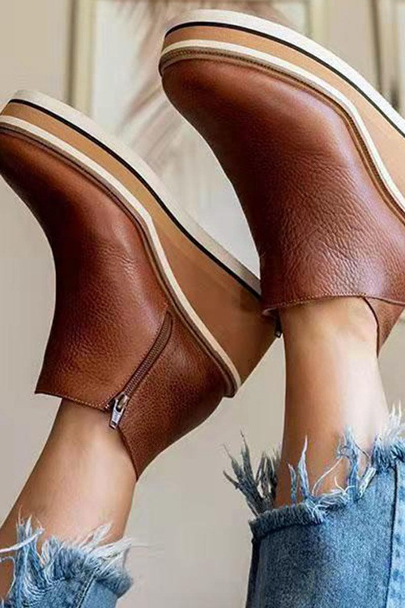 Soft Leather Round Head Slope Heels Short Boots - Fashionaviv