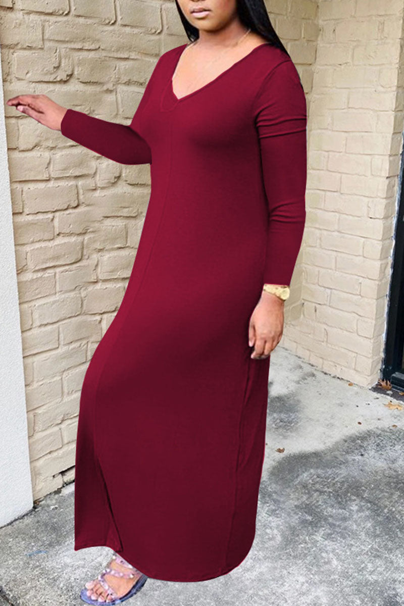 Plus Size Casual Comfy Solid Split Joint V Neck Long Sleeve Maxi Dresses