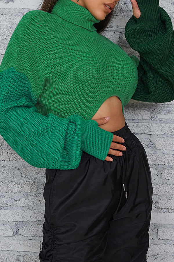 Fashion Stitchinf Sleeve High Neck Long Sleeve Short Sweater