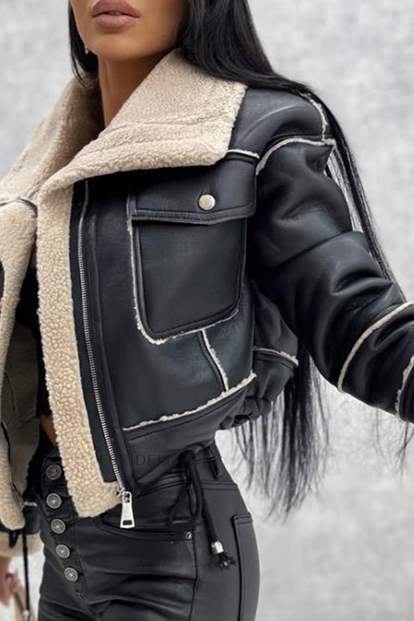 Warm Faux Fur Integrated Zipper Drawstring Pocket Stand Collar Short Coat