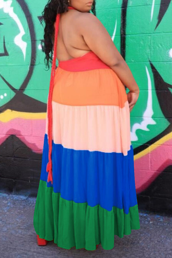 Plus Size Halter Color Block Tiered Maxi Dress
