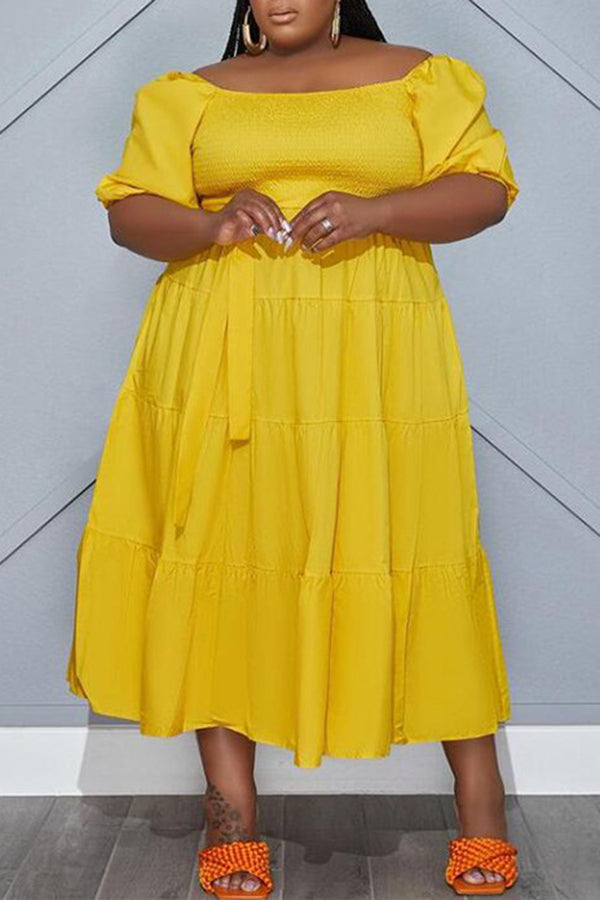 Plus Size Solid Smocked Tiered Belted Maxi Dress