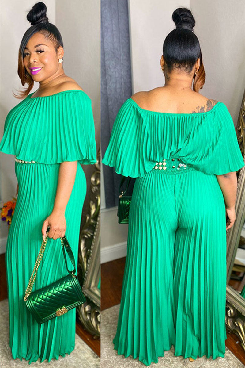 Plus Size Casual Off The Shoulder Pleated Loose Wide Leg Jumpsuits