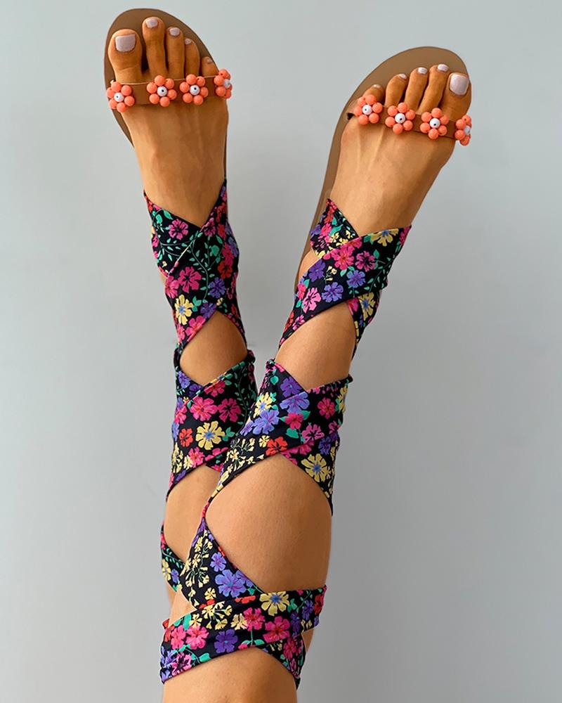 Colorblock / Floral / Sunflower Print Strappy Flat Sandals