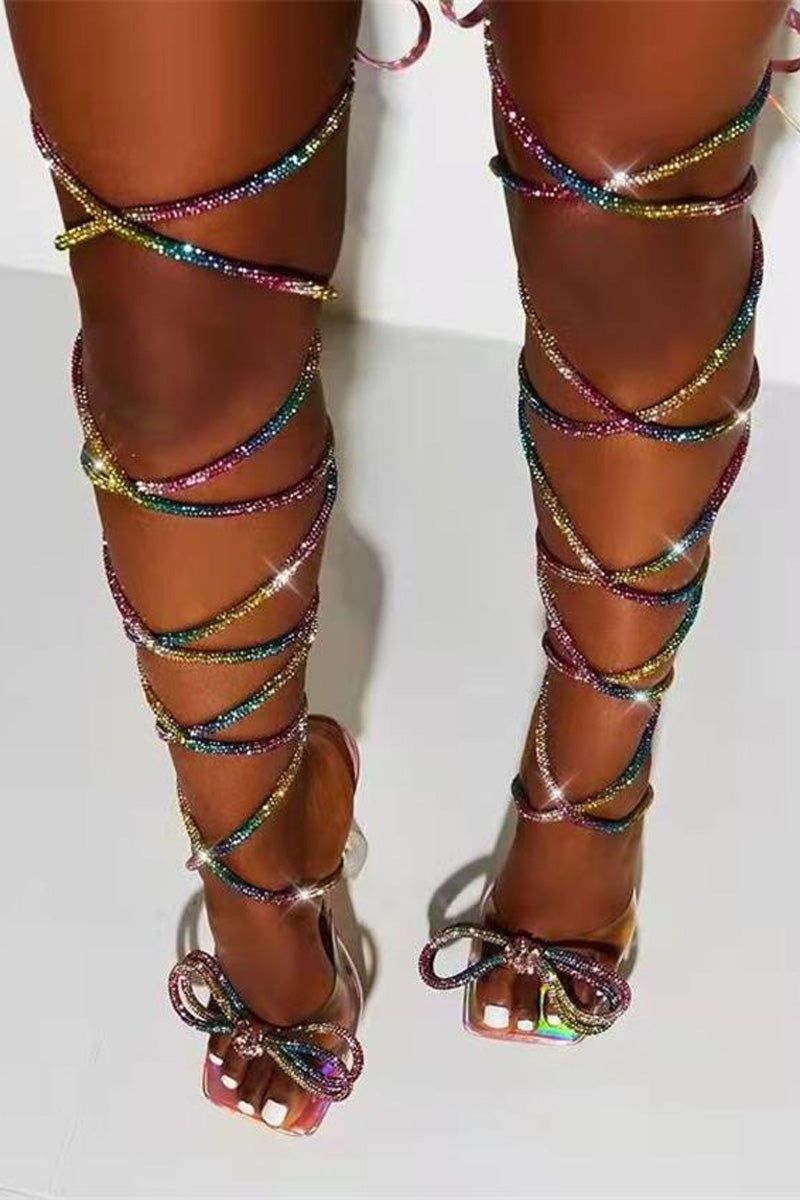 Bow Rhinestone Sequin Lace Up Sandals Shoes